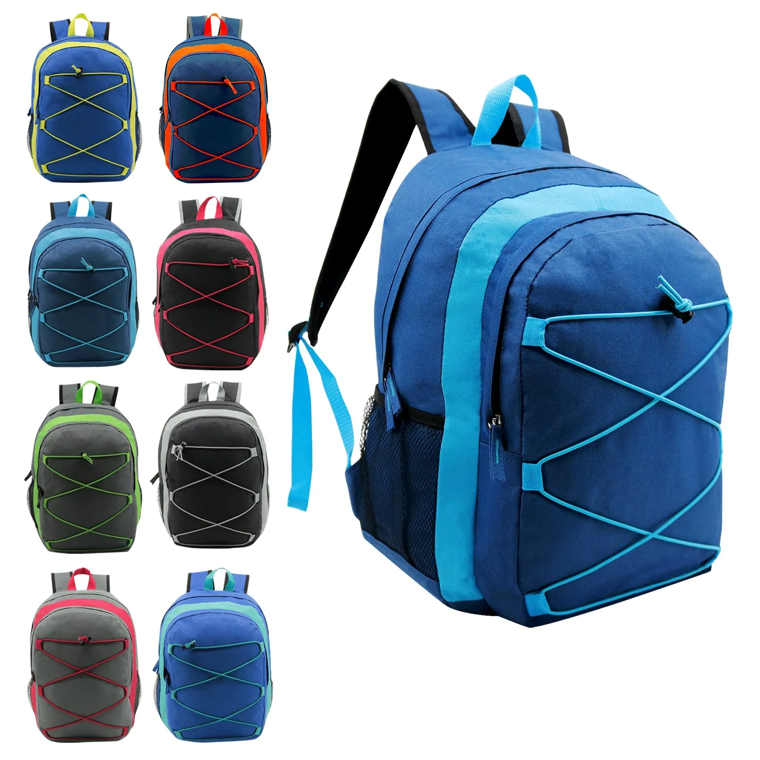 17" Bungee Wholesale Premium Design Backpacks in 4 Assorted Colors - Wholesale Bookbags Case of 24