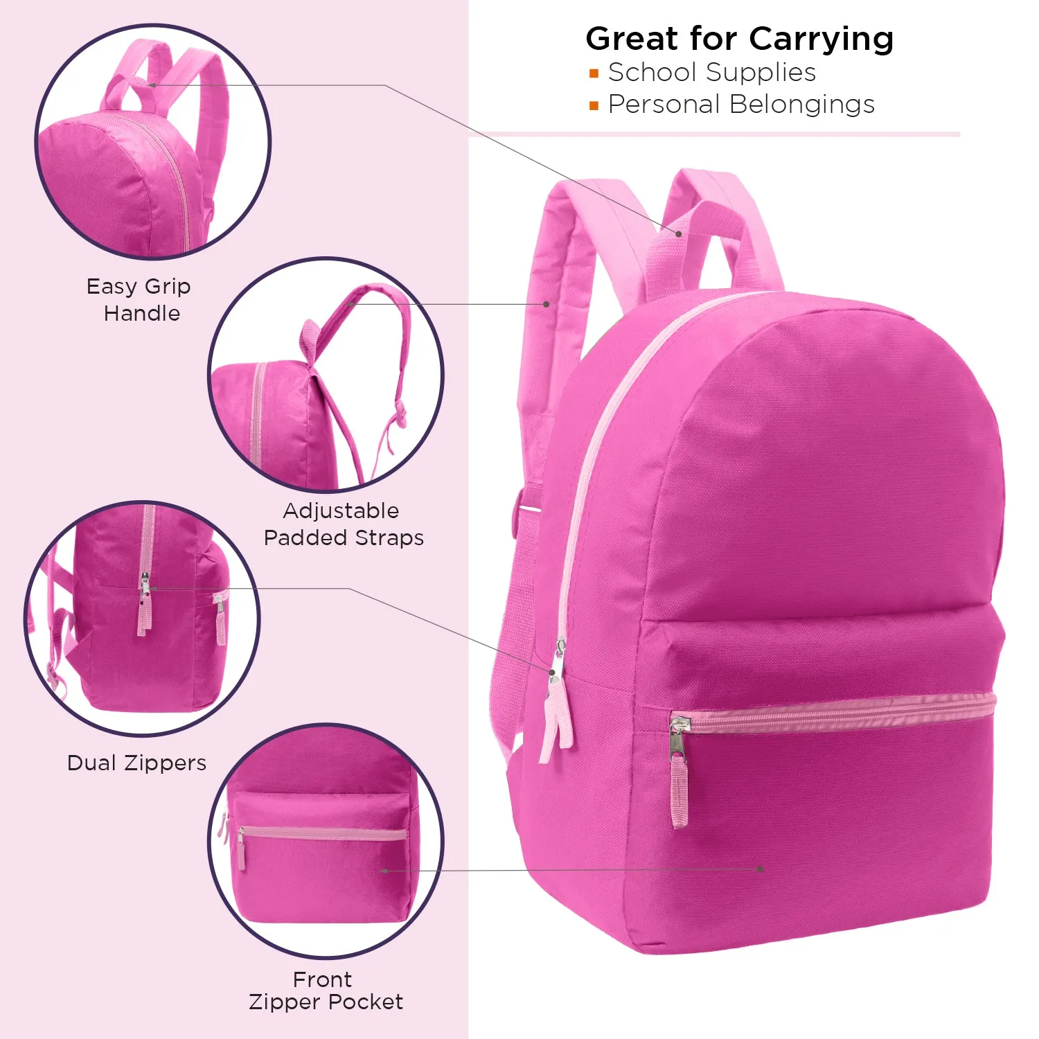 17" Kids Basic Wholesale Backpack in 12 Great Colors - Bulk Case of 24 Backpacks