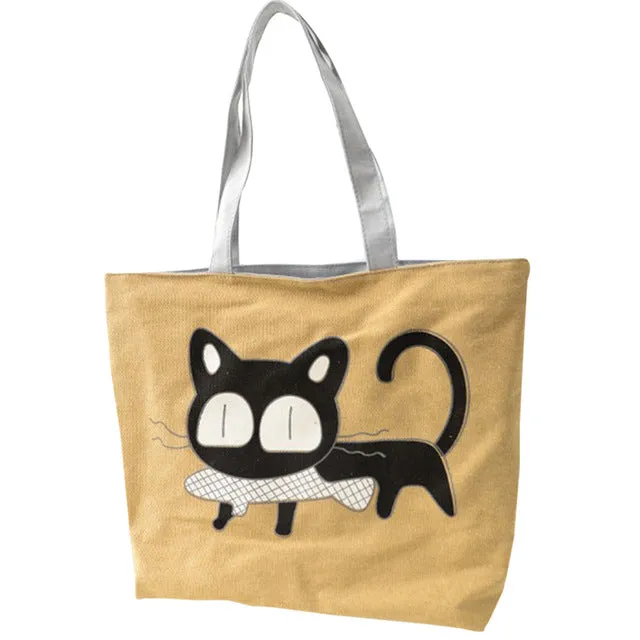 2017 New Special Cartoon Cat Fish Canvas Handbag Preppy School Bag for Girls Women's Handbags Cute Bags LXX9