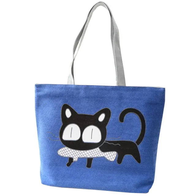 2017 New Special Cartoon Cat Fish Canvas Handbag Preppy School Bag for Girls Women's Handbags Cute Bags LXX9