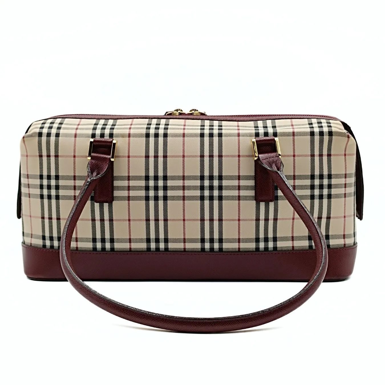 BURBERRY shoulder bag in burgundy check canvas and leather