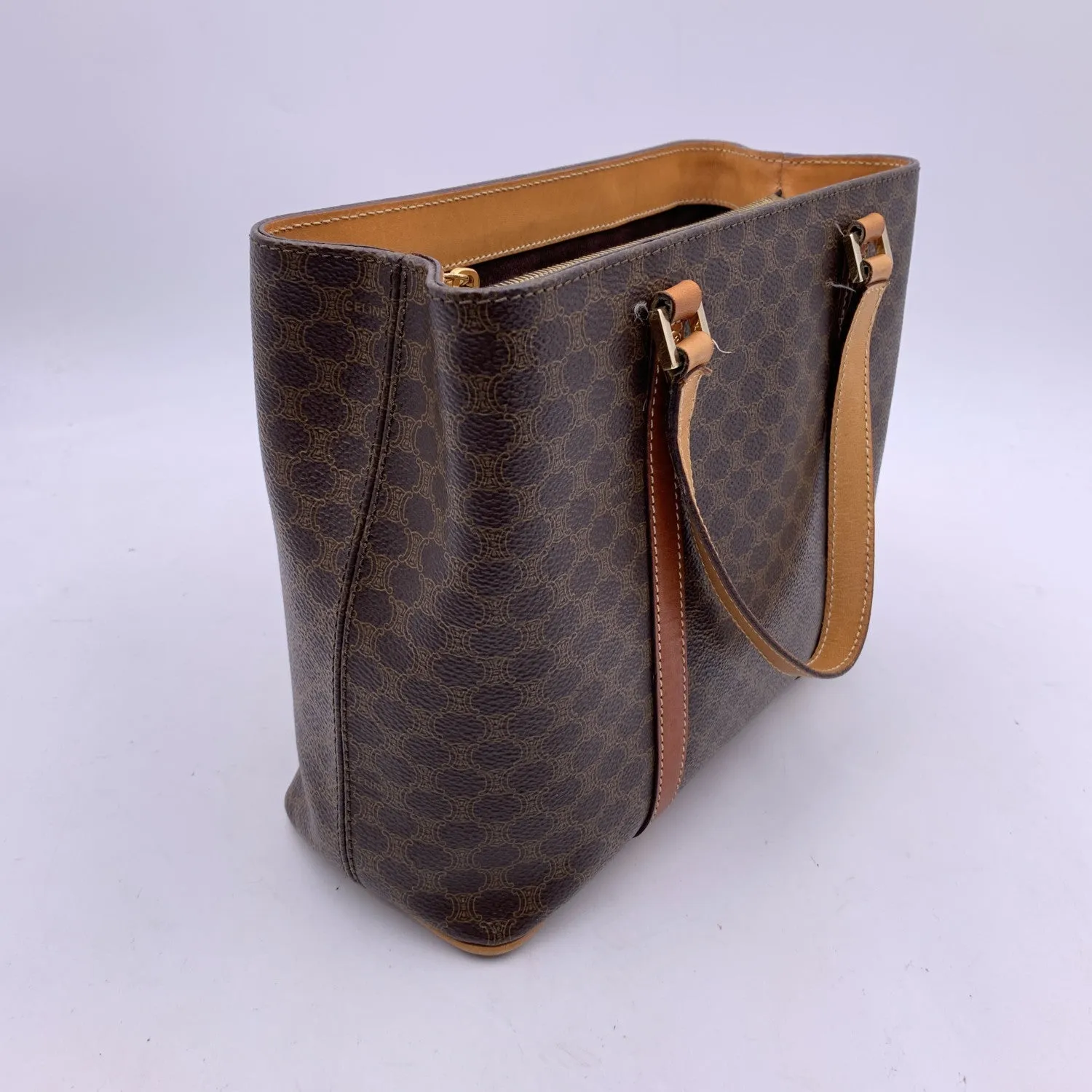 Celine Vintage Brown Macadam Canvas Small Tote Shoulder Bag