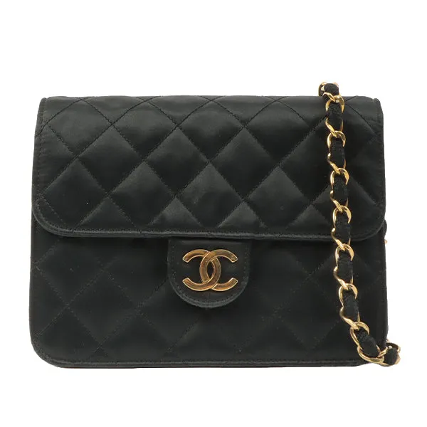 Chanel Around 1985~1990 Silk Satin Cc Mark Plate Straight Flap Chain Bag Black