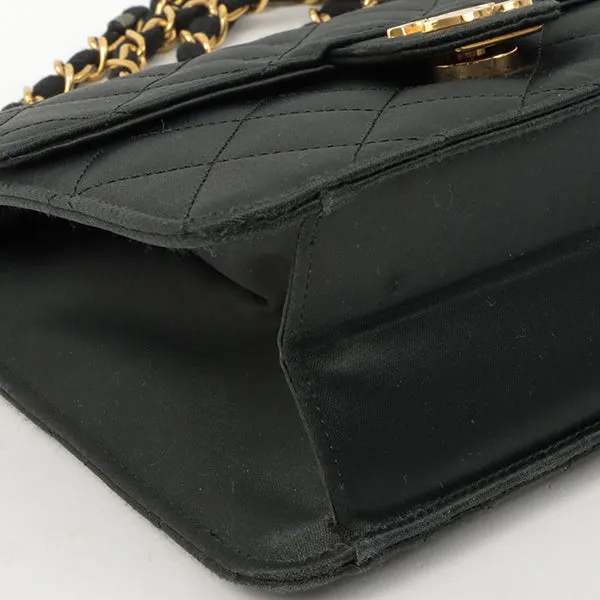 Chanel Around 1985~1990 Silk Satin Cc Mark Plate Straight Flap Chain Bag Black
