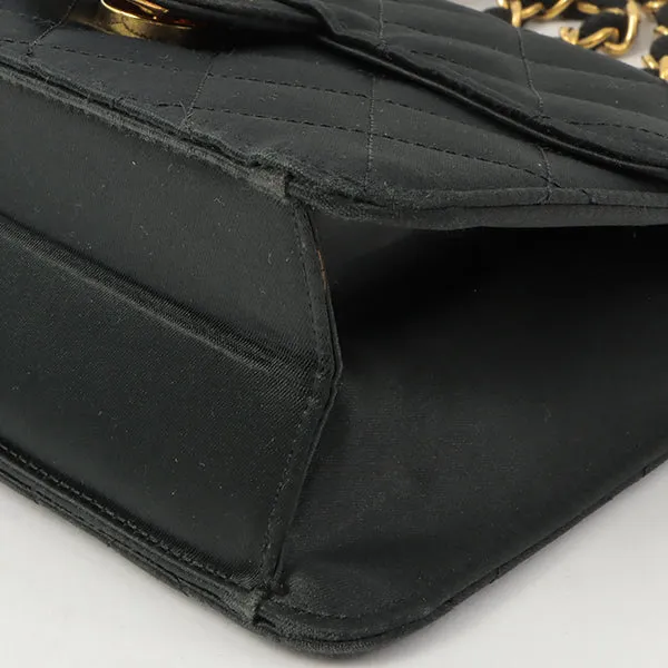 Chanel Around 1985~1990 Silk Satin Cc Mark Plate Straight Flap Chain Bag Black