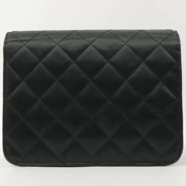 Chanel Around 1985~1990 Silk Satin Cc Mark Plate Straight Flap Chain Bag Black
