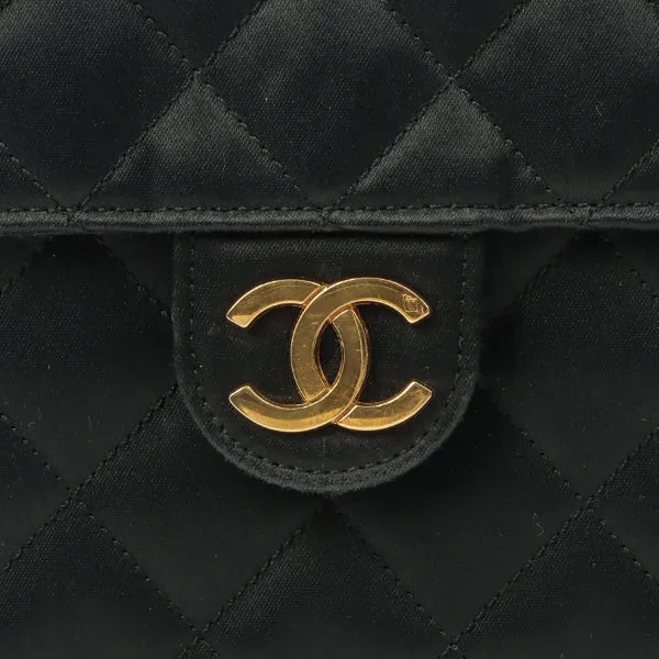 Chanel Around 1985~1990 Silk Satin Cc Mark Plate Straight Flap Chain Bag Black
