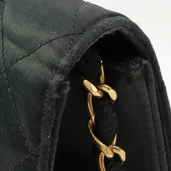 Chanel Around 1985~1990 Silk Satin Cc Mark Plate Straight Flap Chain Bag Black