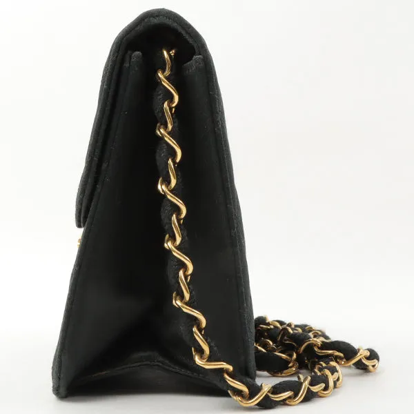 Chanel Around 1985~1990 Silk Satin Cc Mark Plate Straight Flap Chain Bag Black