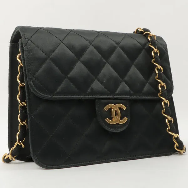 Chanel Around 1985~1990 Silk Satin Cc Mark Plate Straight Flap Chain Bag Black