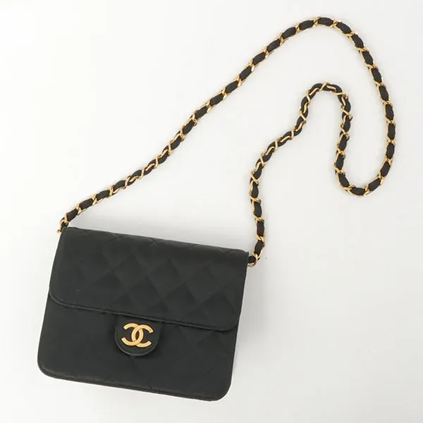 Chanel Around 1985~1990 Silk Satin Cc Mark Plate Straight Flap Chain Bag Black