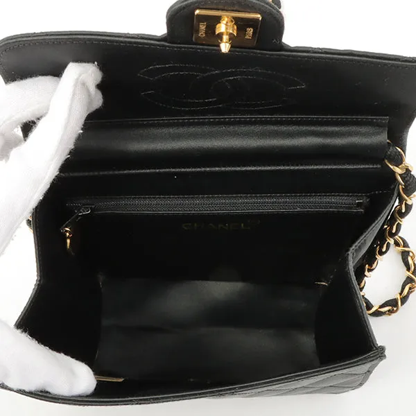 Chanel Around 1985~1990 Silk Satin Cc Mark Plate Straight Flap Chain Bag Black