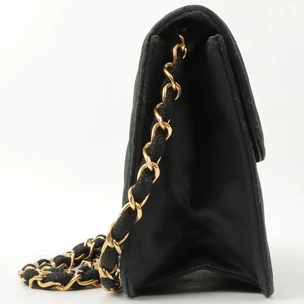 Chanel Around 1985~1990 Silk Satin Cc Mark Plate Straight Flap Chain Bag Black