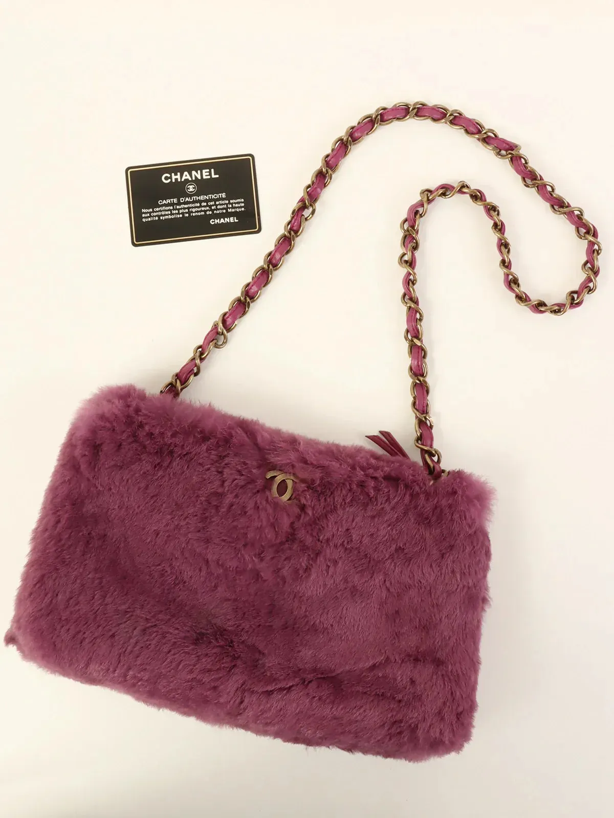 CHANEL Around 2000 Made Fur Cc Mark Plate Chain Shoulder Bag Purple