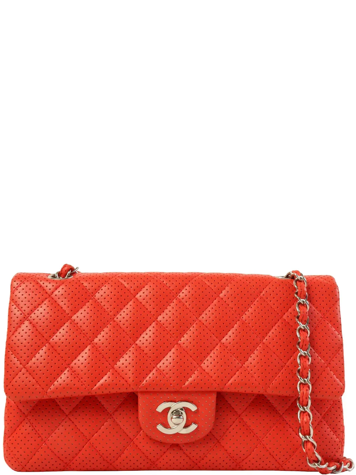 CHANEL Around 2007 Made Punching Leather Turn-Lock Chain Shoulder Bag Red