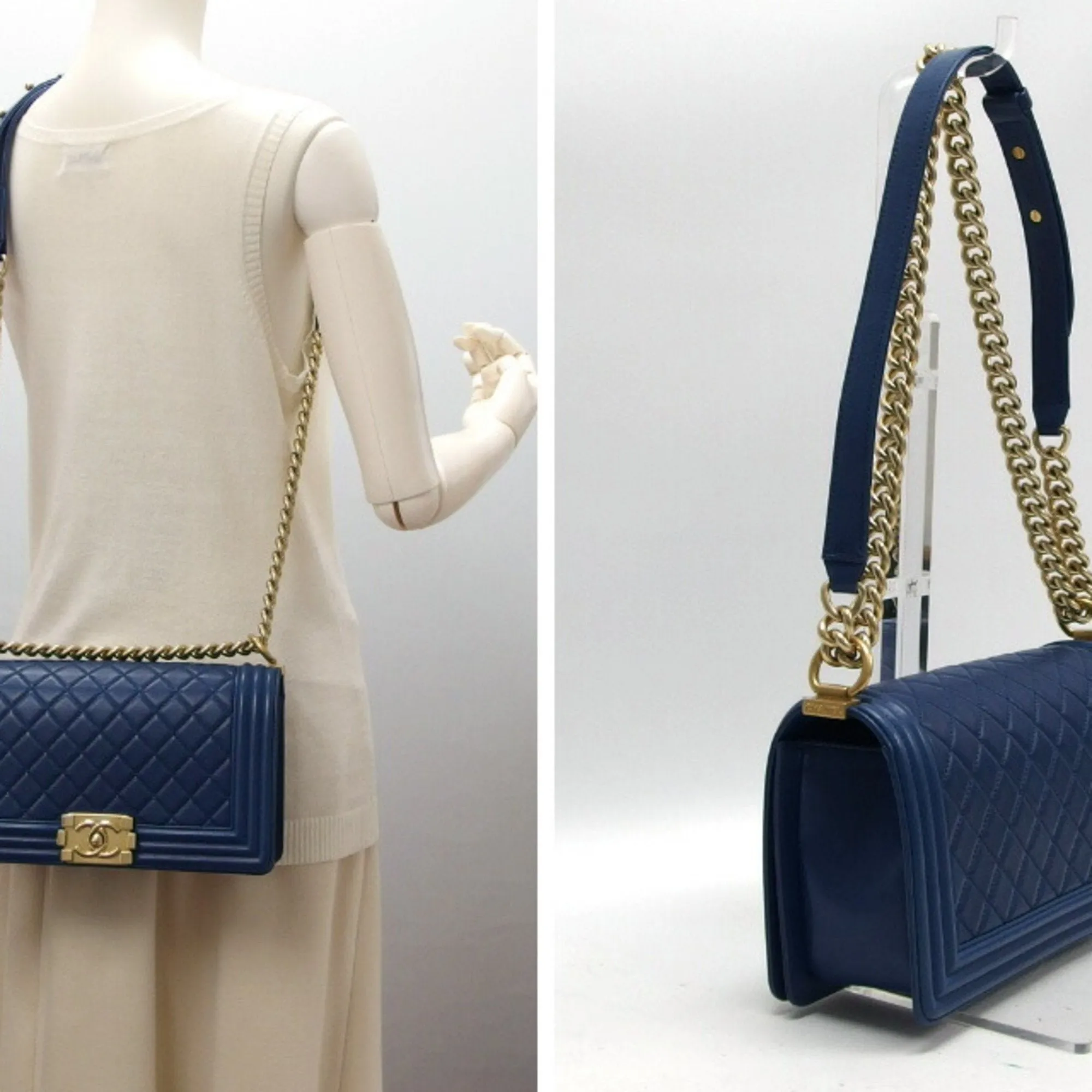 Chanel Boy Chain Shoulder Bag Leather Blue