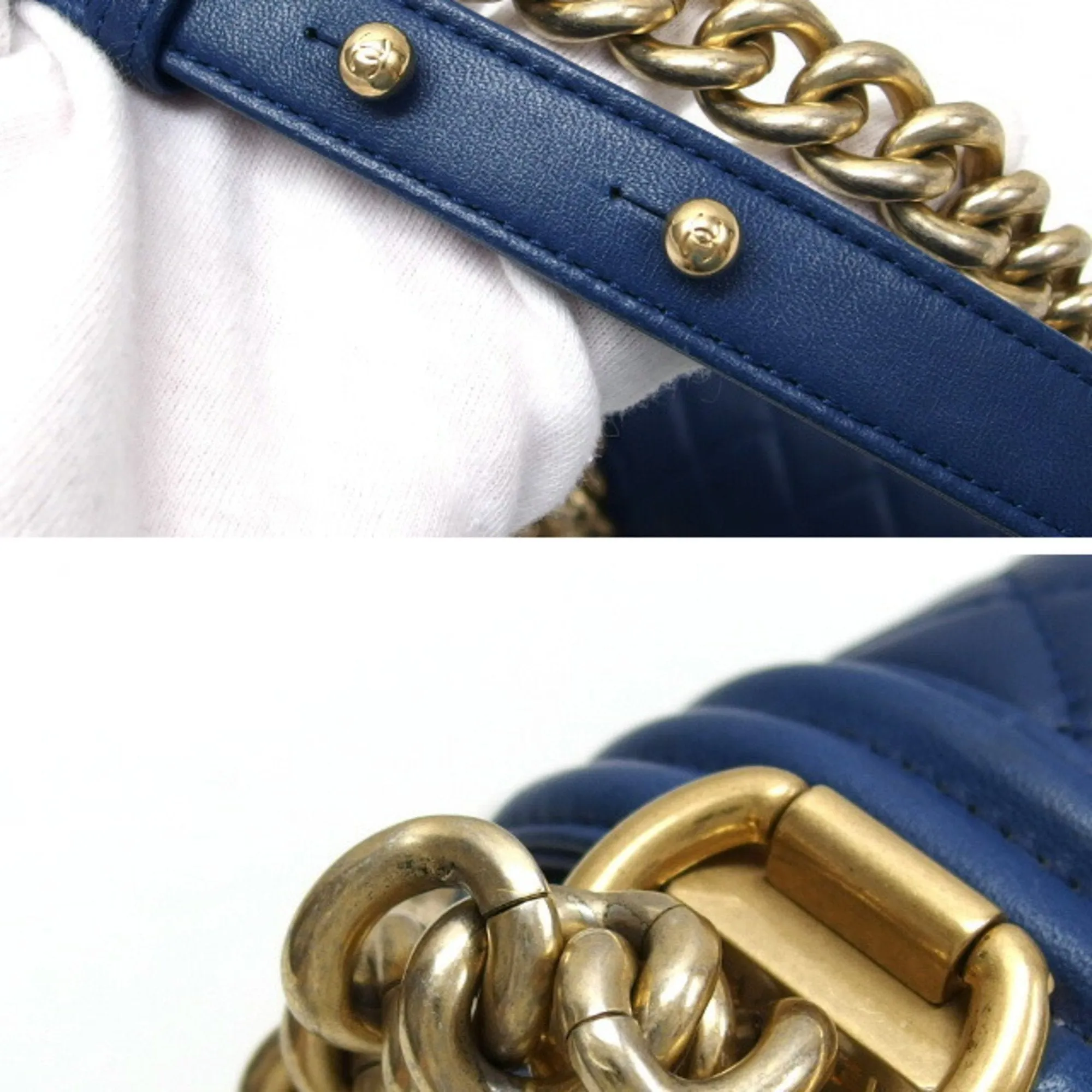 Chanel Boy Chain Shoulder Bag Leather Blue