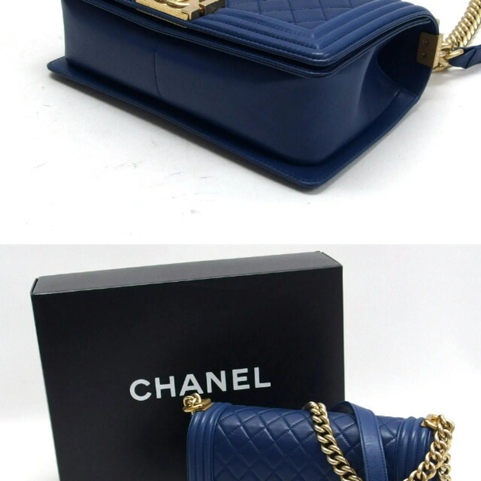 Chanel Boy Chain Shoulder Bag Leather Blue