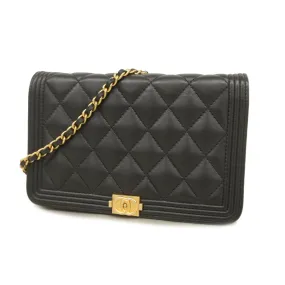 Chanel Boy Chanel Chain Wallet Gold Hardware Women's Lambskin Black