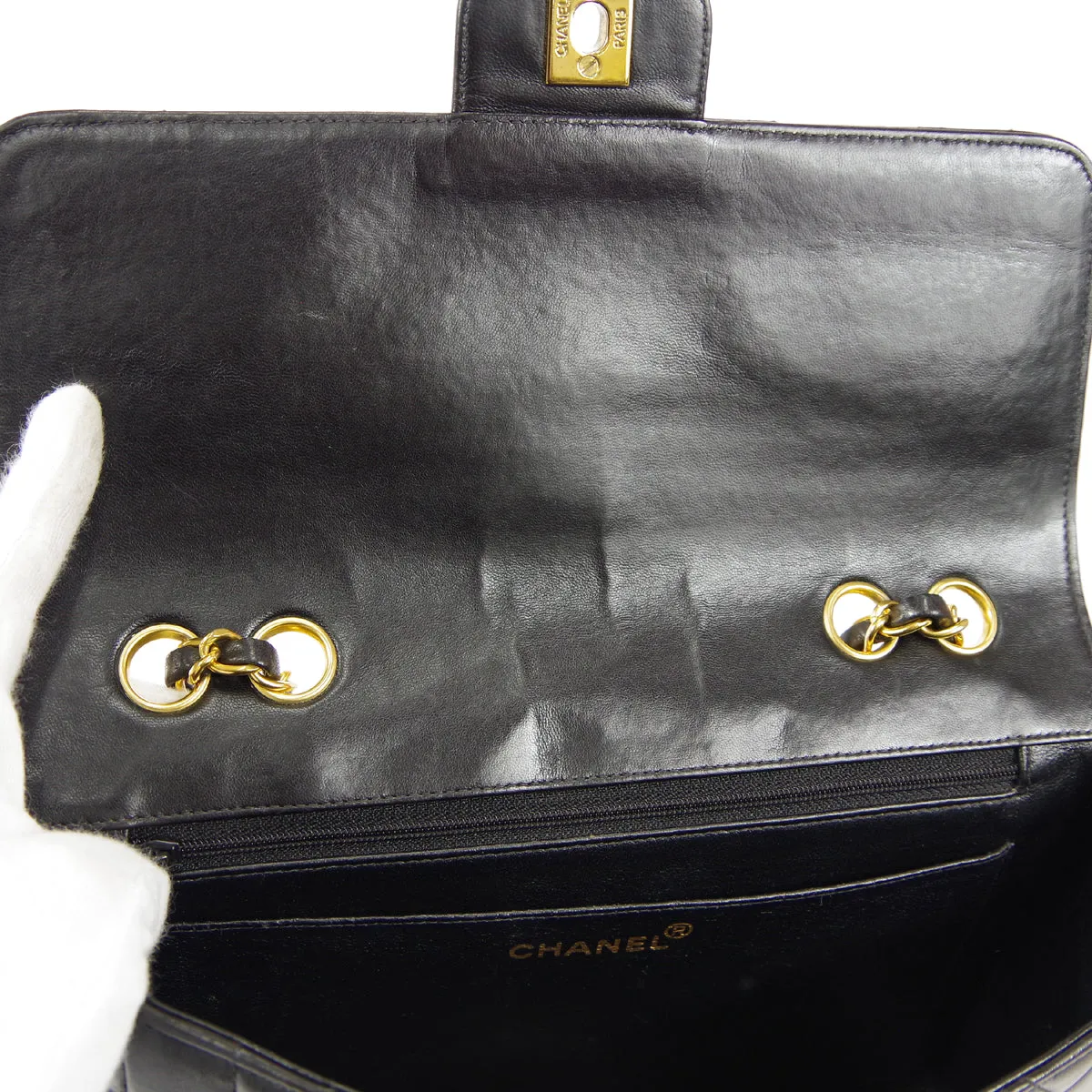 CHANEL Classic Flap Double Chain Shoulder Bag Black Lambskin