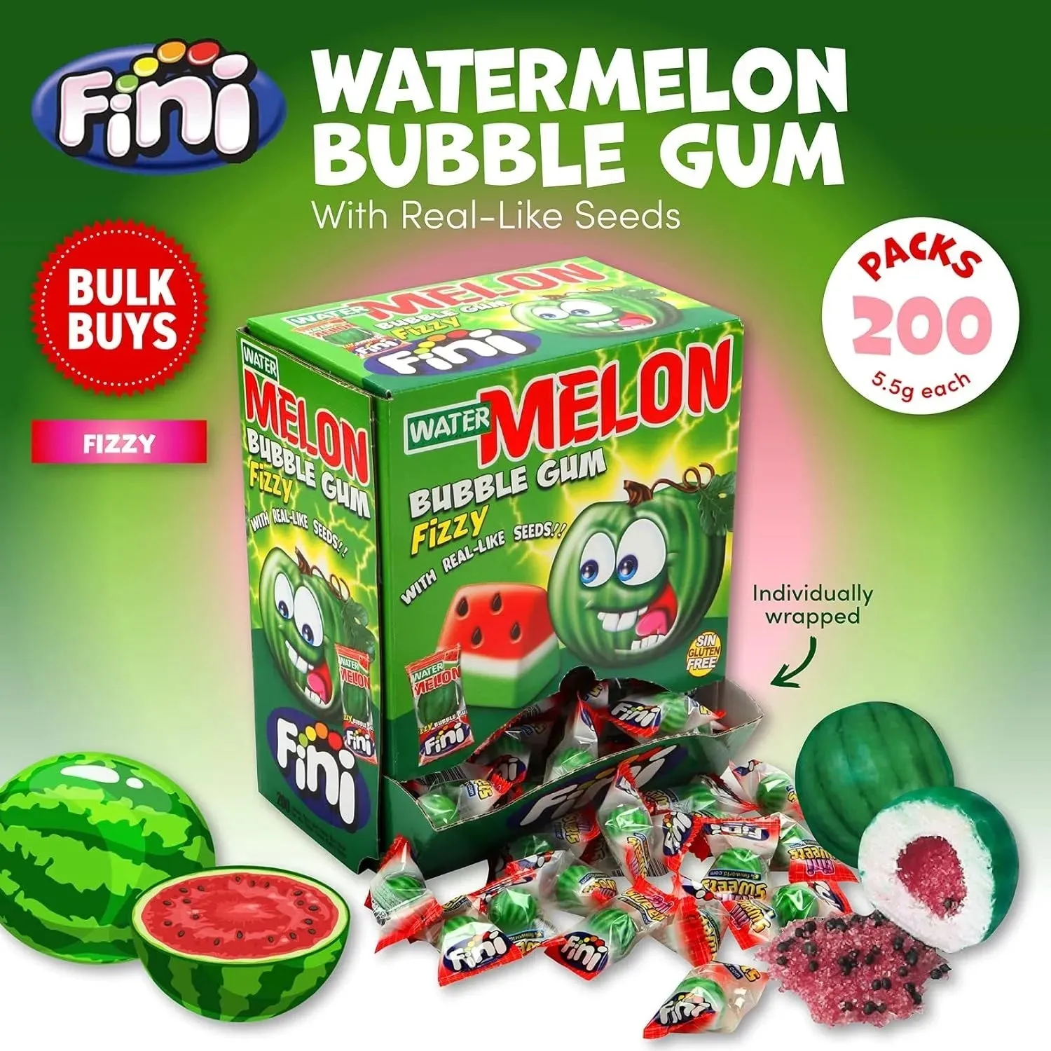 Fini Watermelon Bubble Gum Fizzy 200 Bulk Box Pack