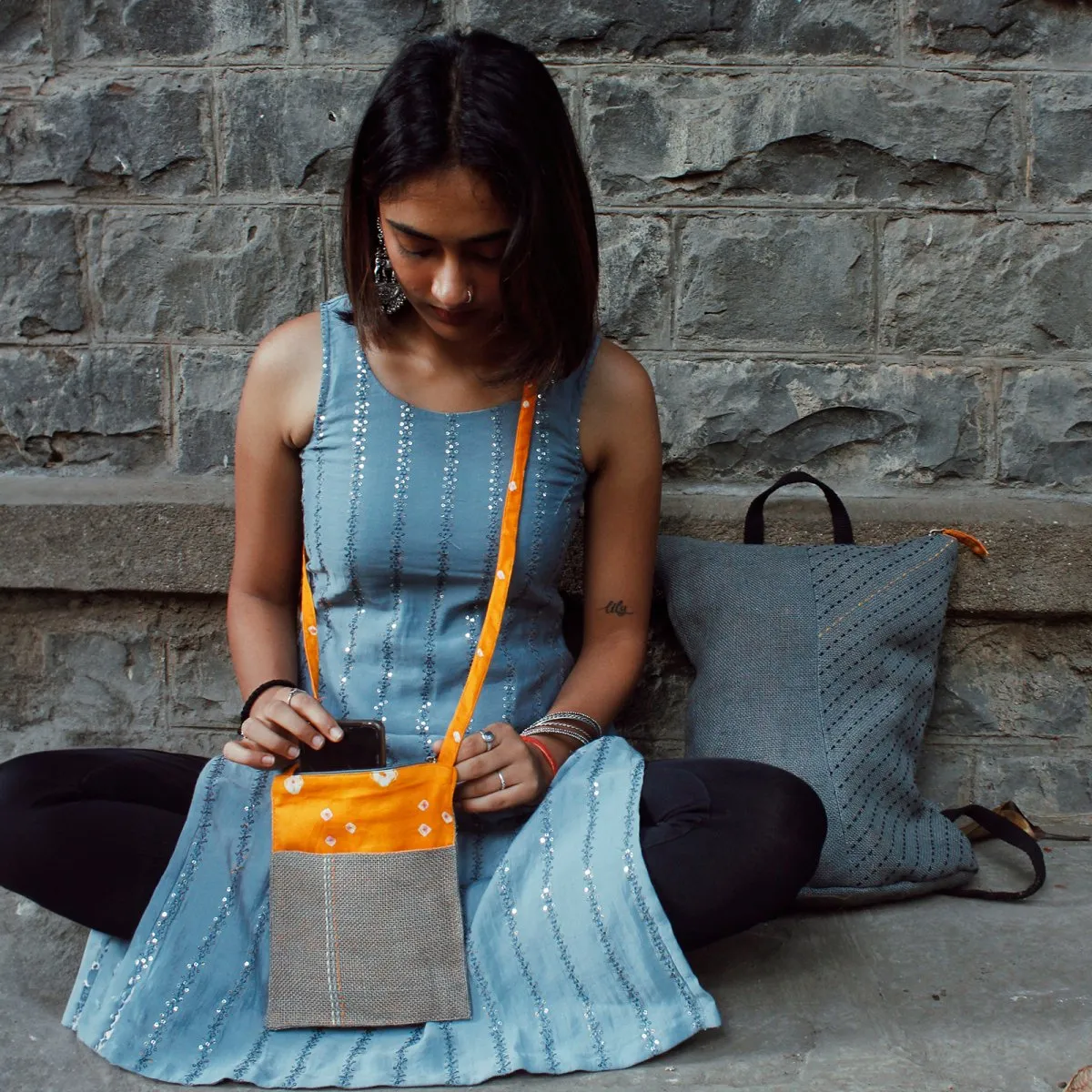 Grey Jute Ikat Backpack with Hand Embroidery, Ikat Crossbody bag Combo