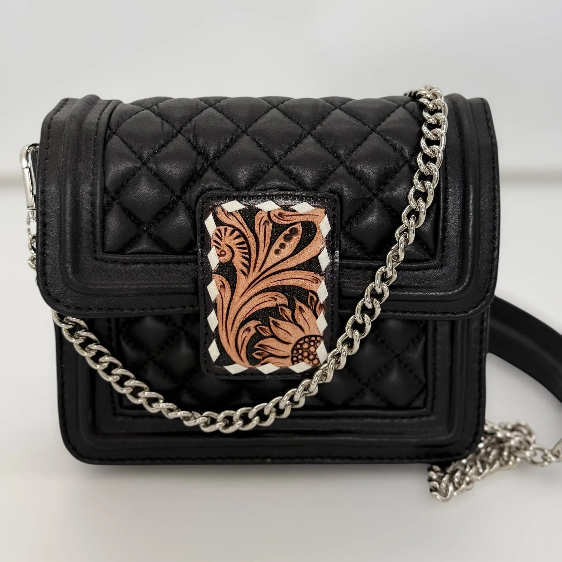 MINI Black Rose Quilted Leather Hand-Tooled Accented Purse with Chain Strap