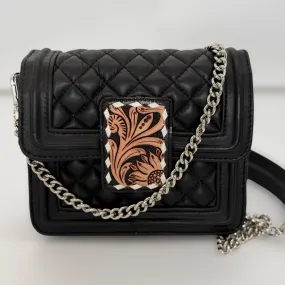 MINI Black Rose Quilted Leather Hand-Tooled Accented Purse with Chain Strap