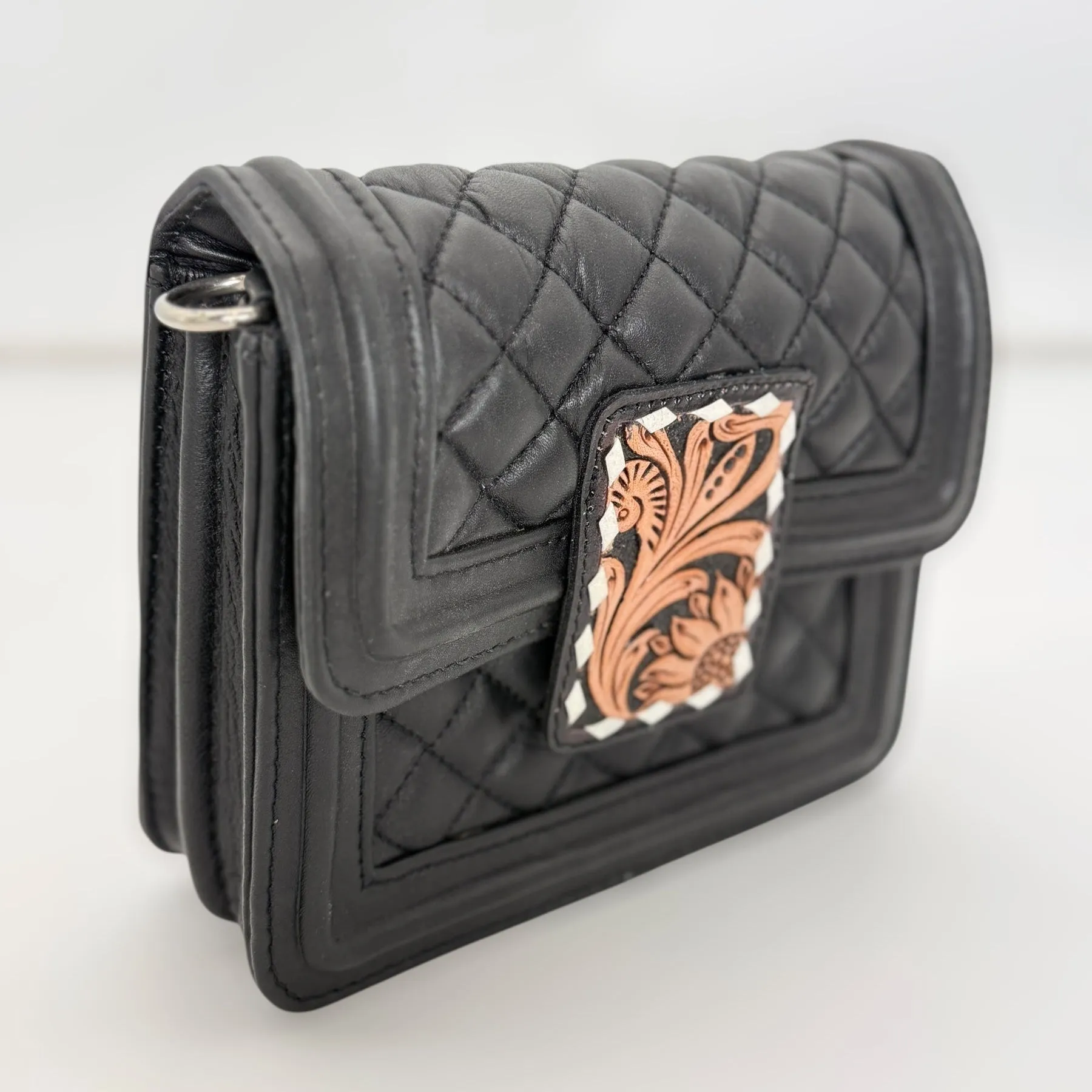MINI Black Rose Quilted Leather Hand-Tooled Accented Purse with Chain Strap