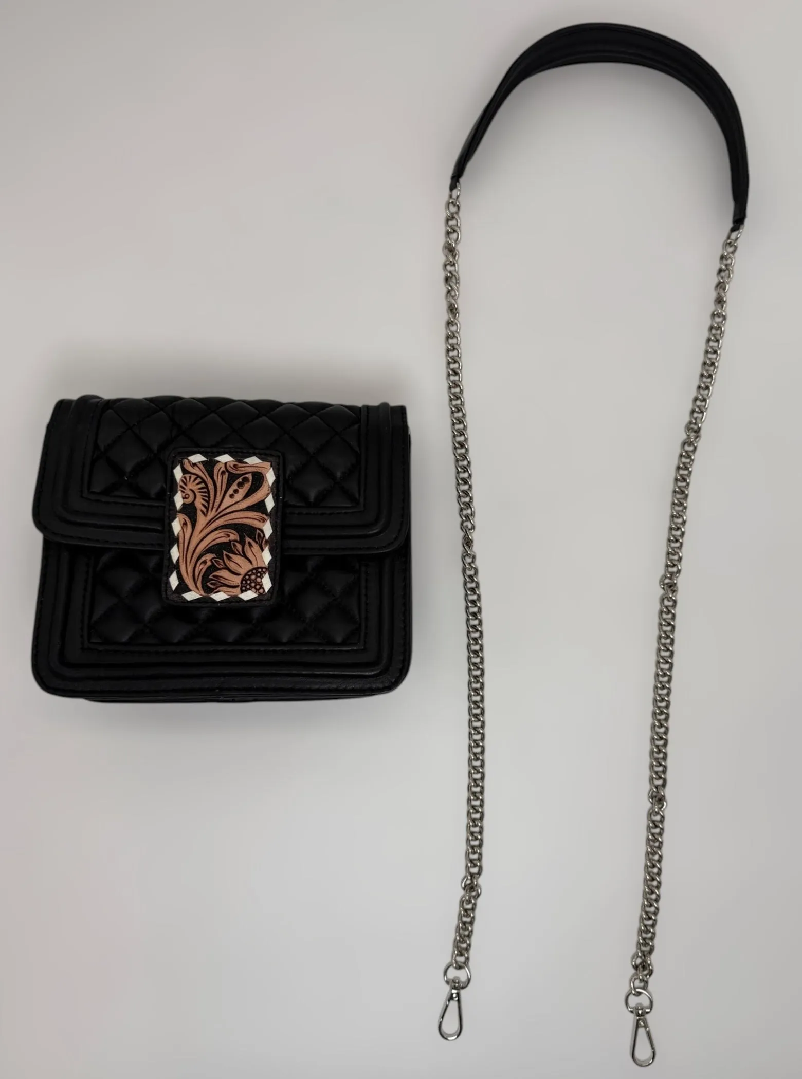 MINI Black Rose Quilted Leather Hand-Tooled Accented Purse with Chain Strap