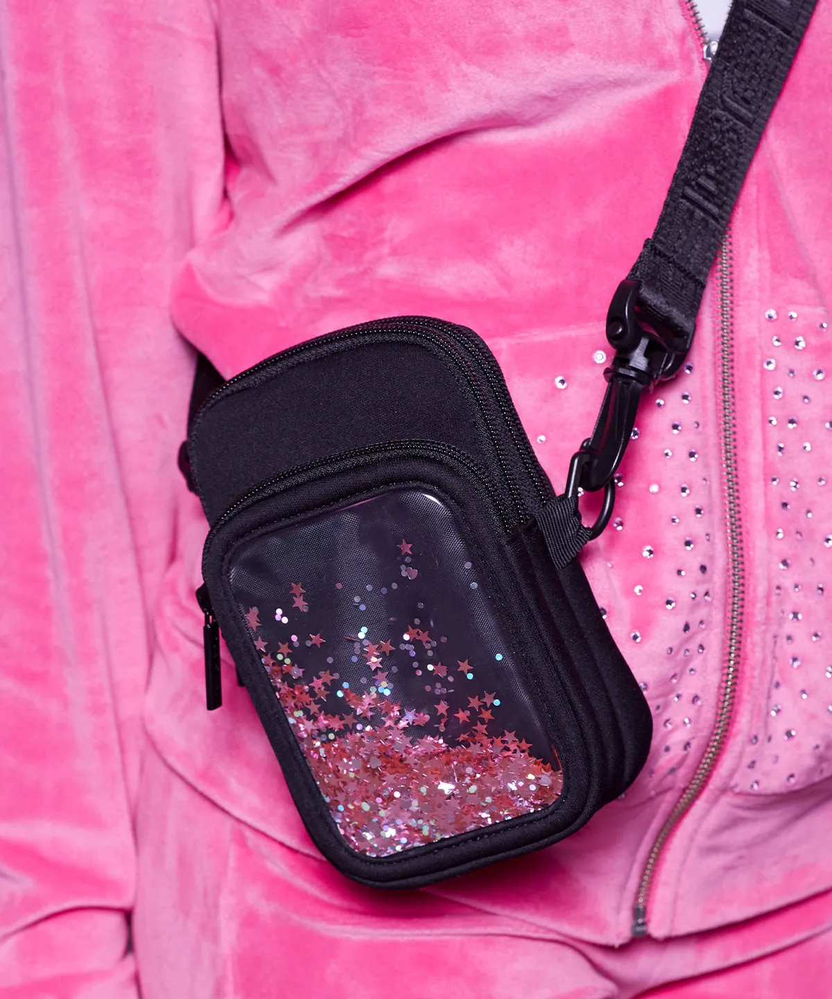 Floating Glitter Black Rebel Phone Case Crossbody with Neoprene - Enhanced E-commerce Product Title