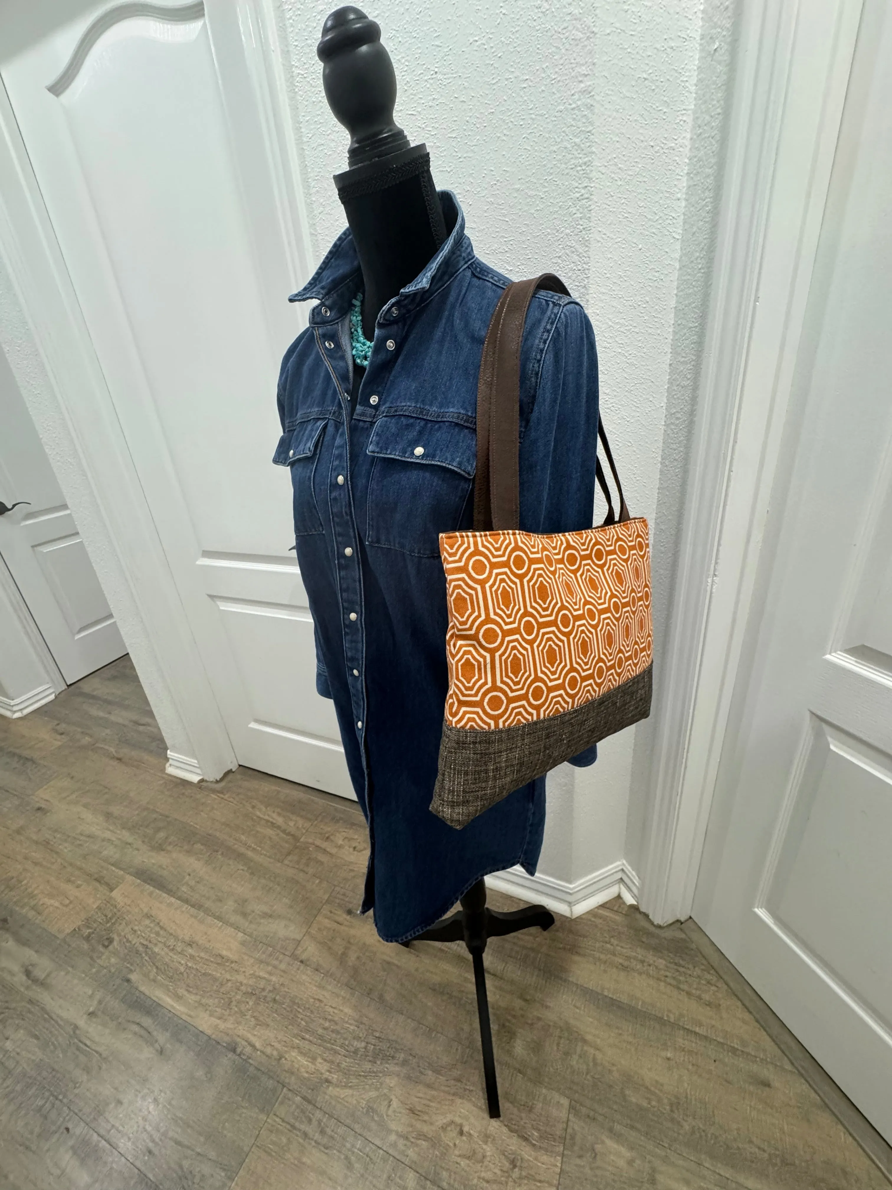 Orange and Cream Tapestry Tote Bag, Handbag, Purse